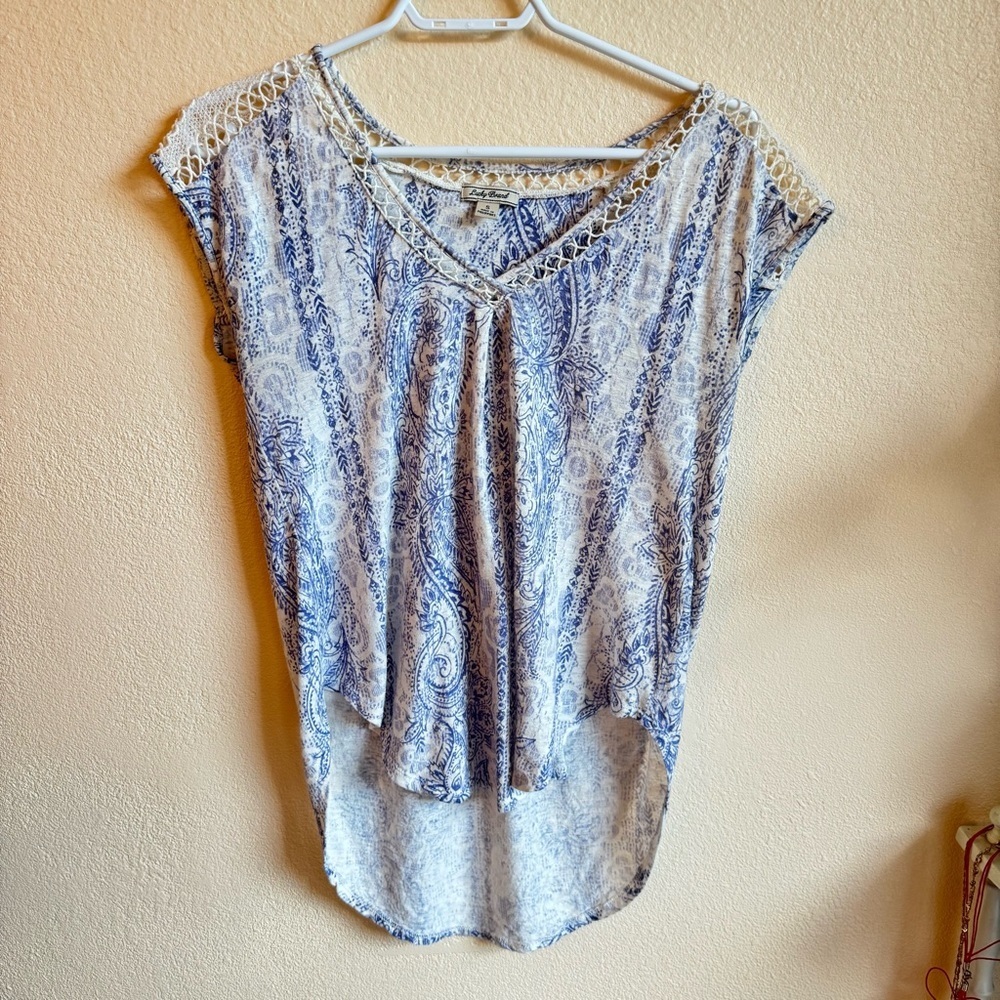 Lucky Brand Blue Paisley Boho Top Crochet Trim Cottagecore Festival Lightweight - Picture 6 of 10